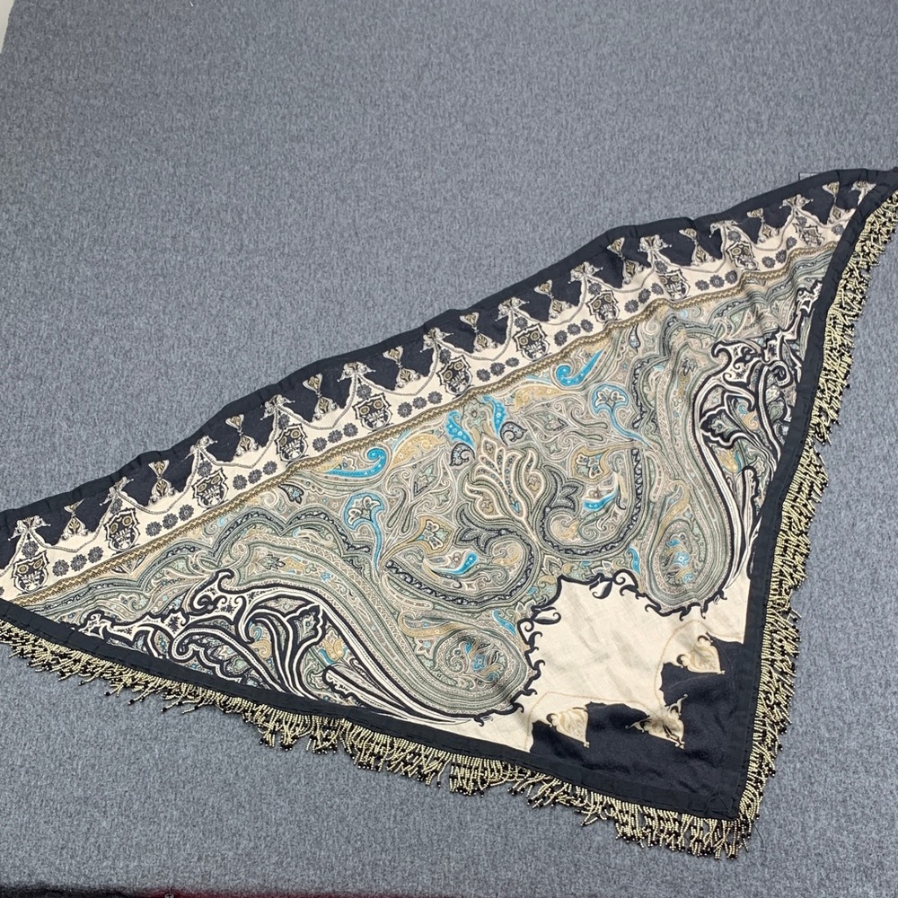 ETRO MIlano Triangular Paisley Print CASHMERE & SILK Scarf Tassel in Teal/Black